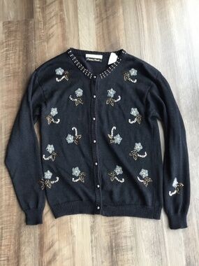 Vintage Dana Scott Black Floral Beaded Cardigan Sweater